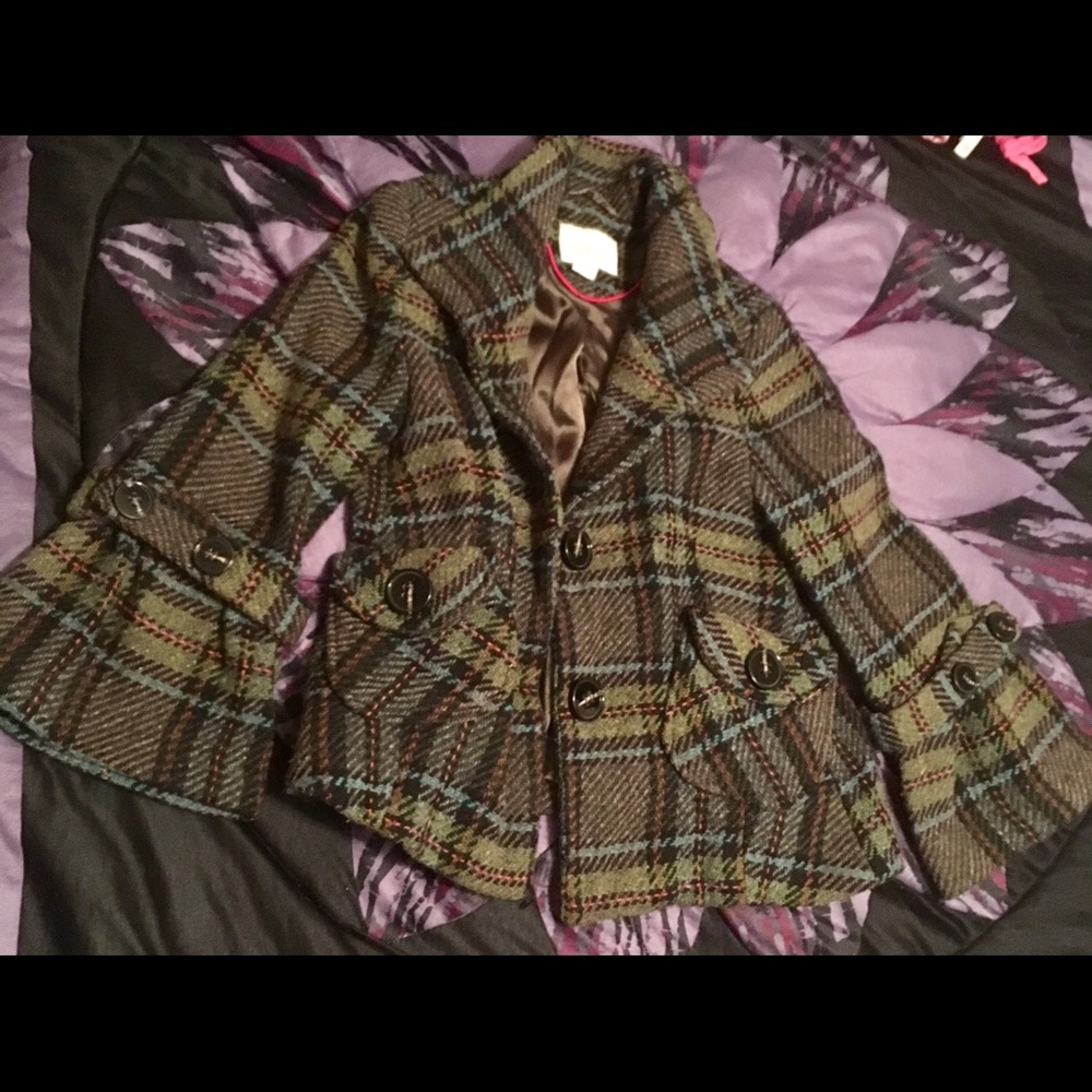 Latte by Coffee Shop wool blend plaid coat.  XS